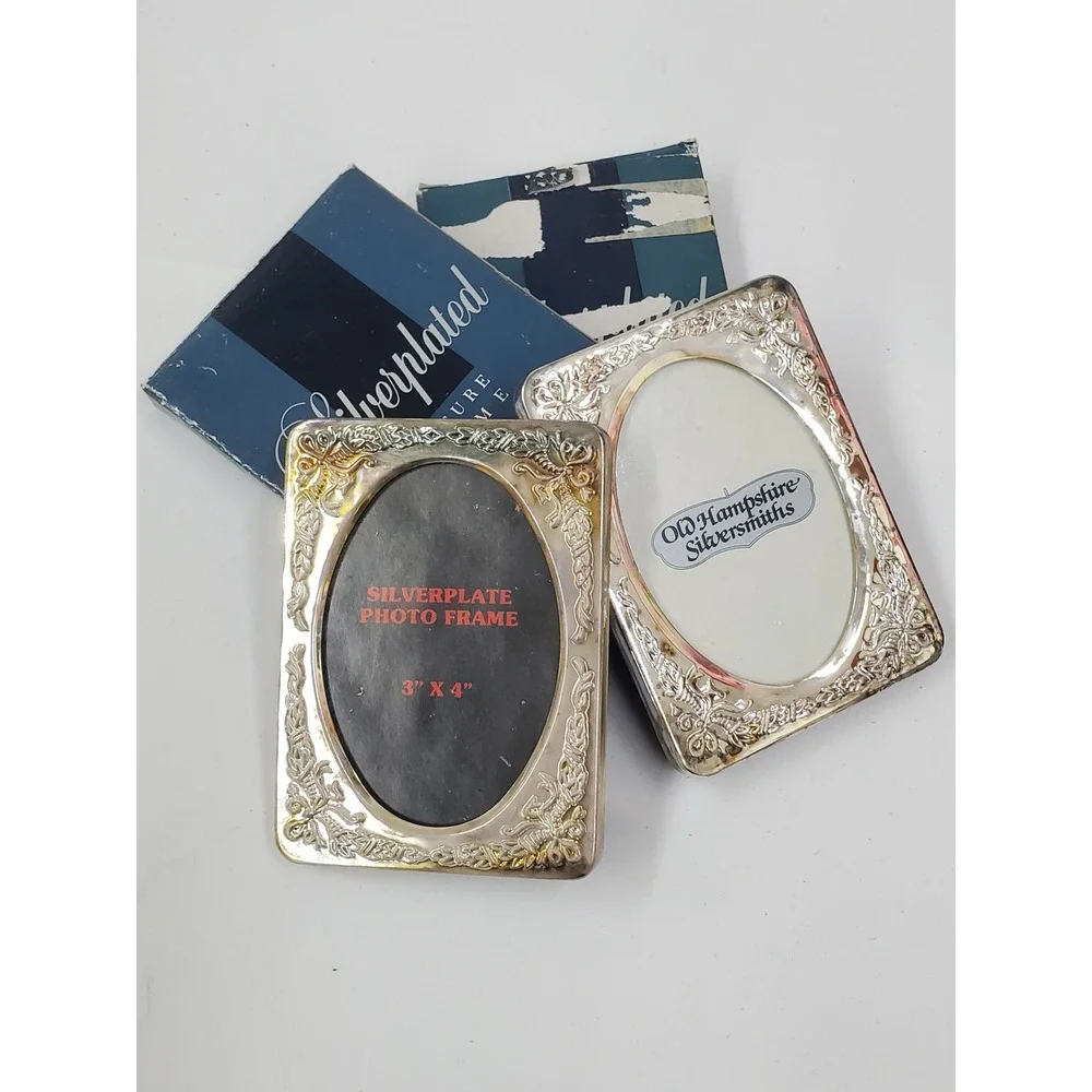 Old Hampshire Silversmiths Silverplate Photo Frame Set 3x4 Floral Oval Vintage